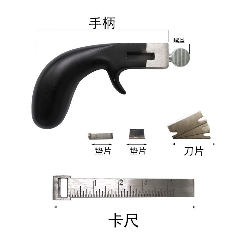 Leather strap cutter tool diagram with black handle, blades, and length ruler