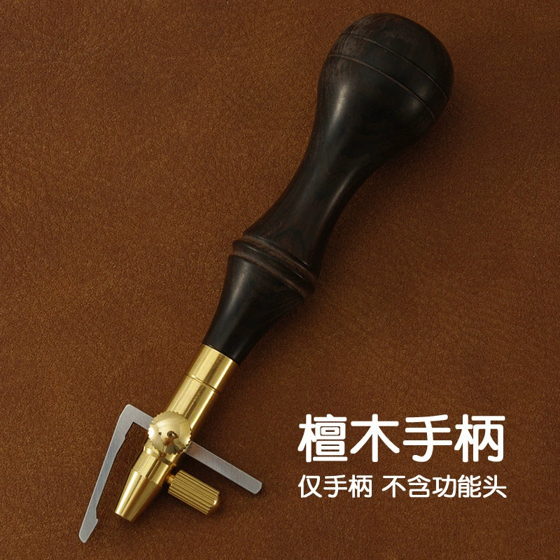 Leather edge cutter handle tool with dark wood handle and brass adjustable head