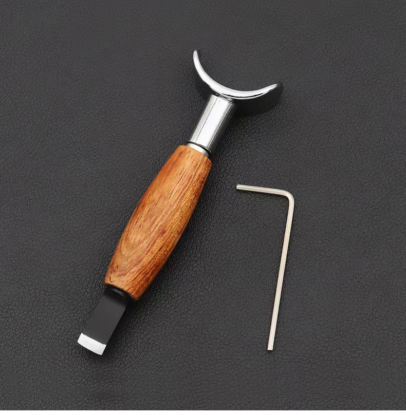 Leather swivel carving tool with rosewood handle, curved chrome blade, hex key included