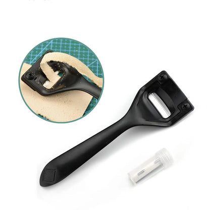 Leather skiving knife with black handle, adjustable blade, and spare blade