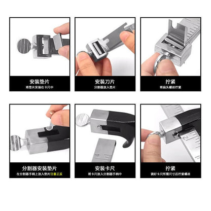 Leather strap cutter tool showing blade installation steps on metal frame