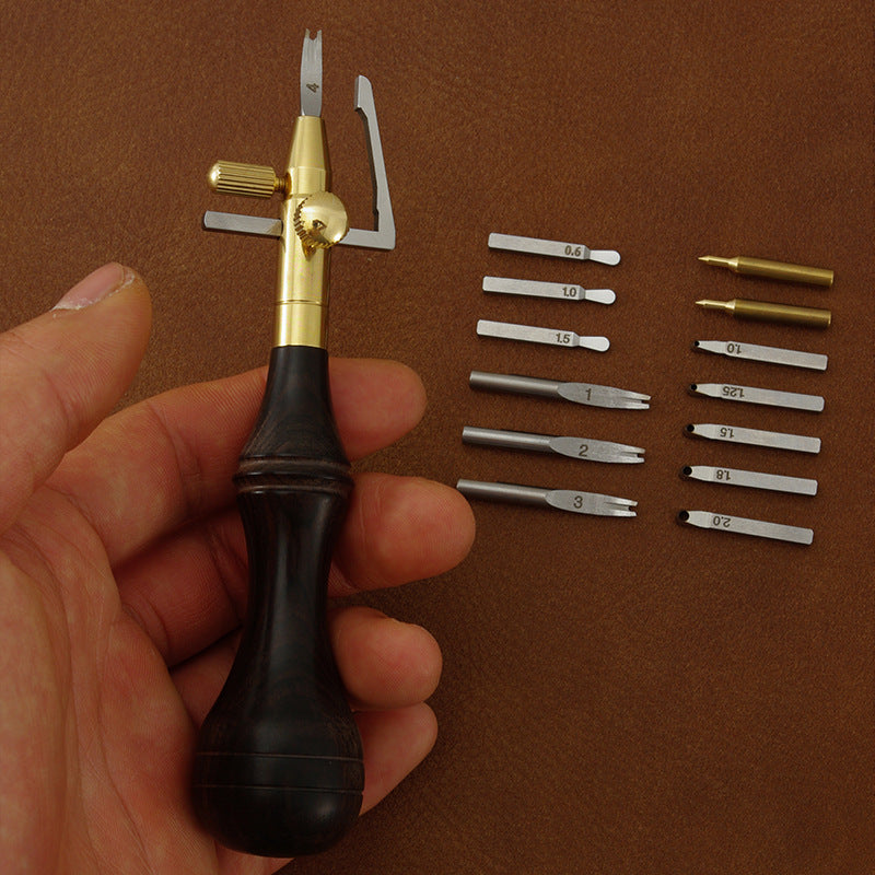 Leather edge cutter handle with assorted interchangeable heads and adjustable bracket