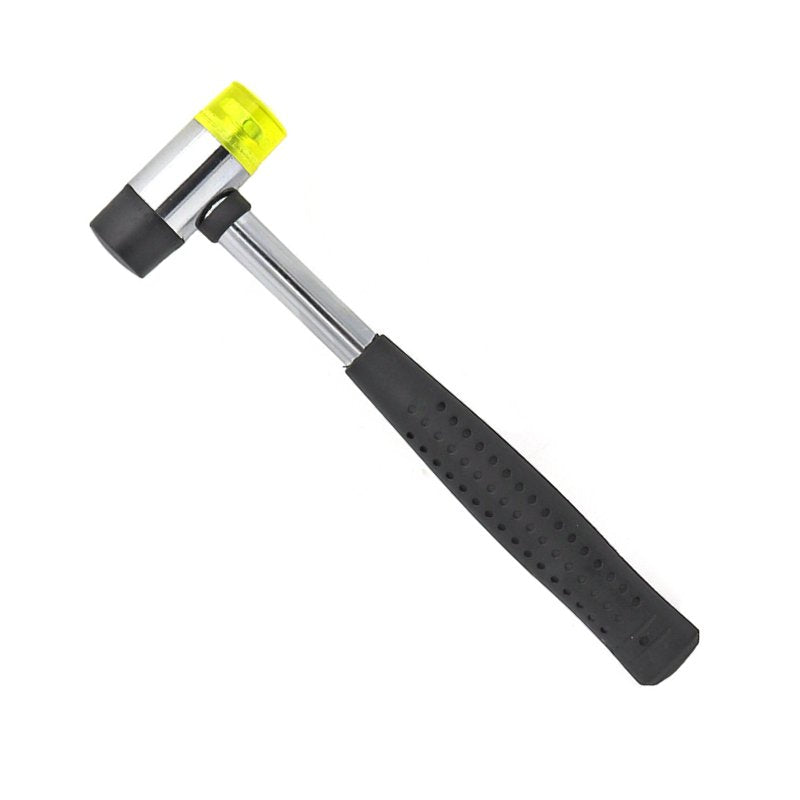 Rubber mounting hammer with steel handle and black textured grip, yellow and black heads