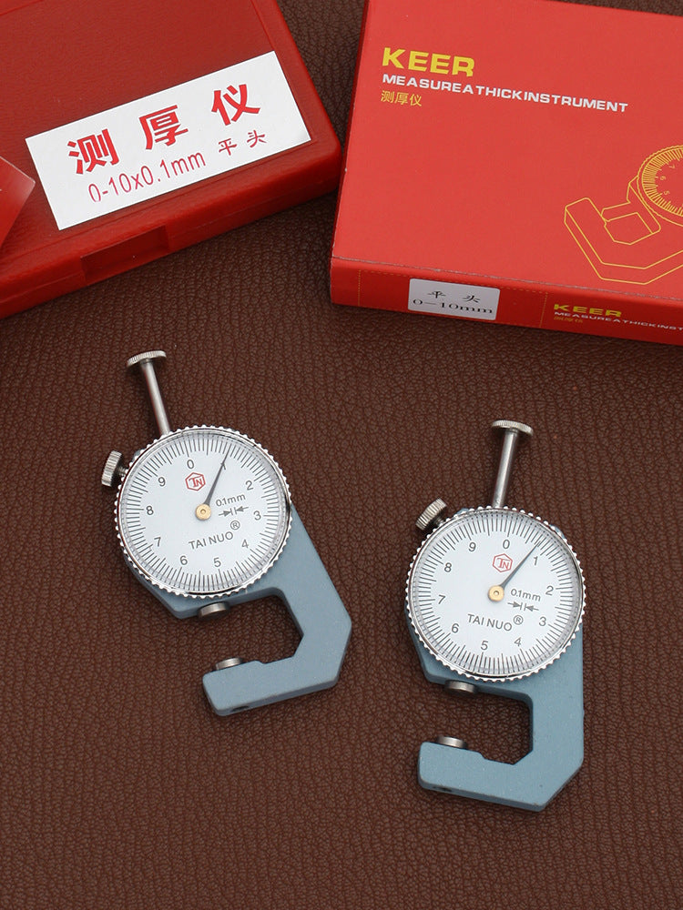 Dial micrometer thickness gauges with flat heads, metal posts, and circular measurement dials
