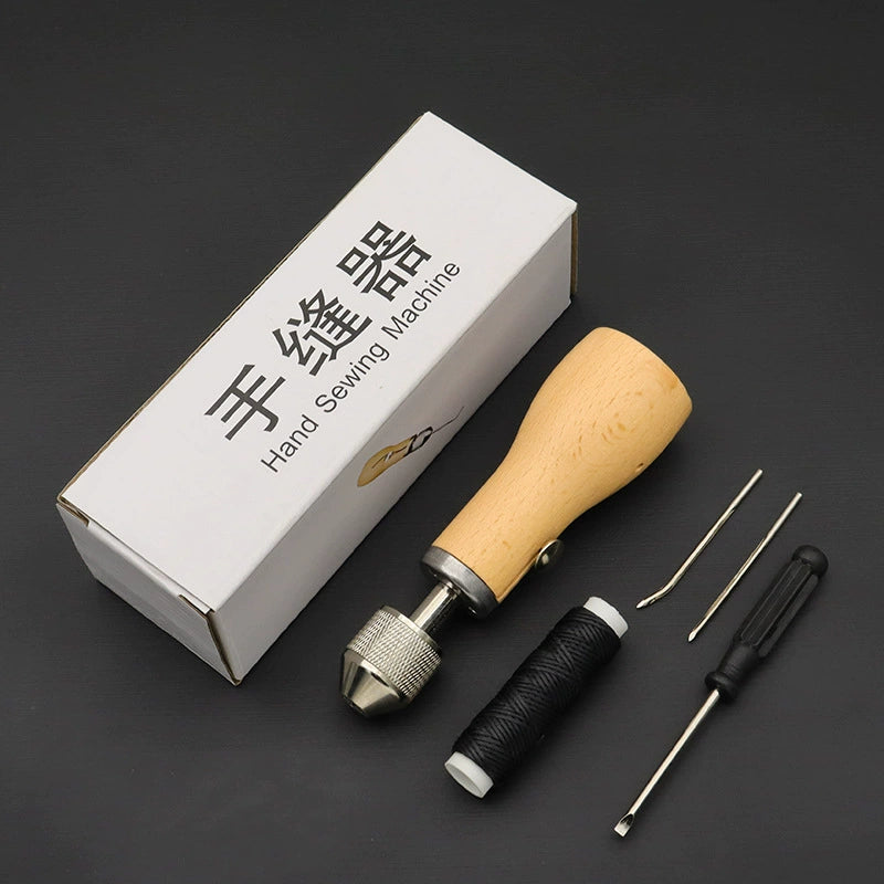 Hand sewing machine set with wood handle, black thread spool, needles, and accessory tools