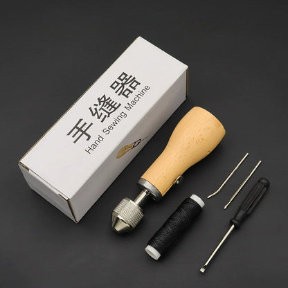 Hand sewing machine set with wood handle, black thread spool, needles, and accessory tools