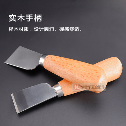 Leather skiving cutting knives, mirror steel blades with orange and natural wood handles