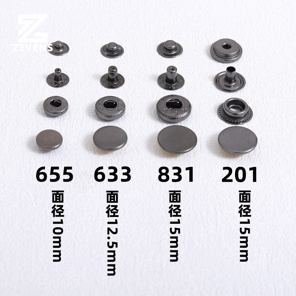 Gun metal snap buttons, round, 10mm/12.5mm/15mm faces (pack of 10)