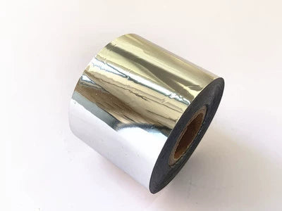 Hot stamping foil roll, glossy silver reflective metallic on dark core