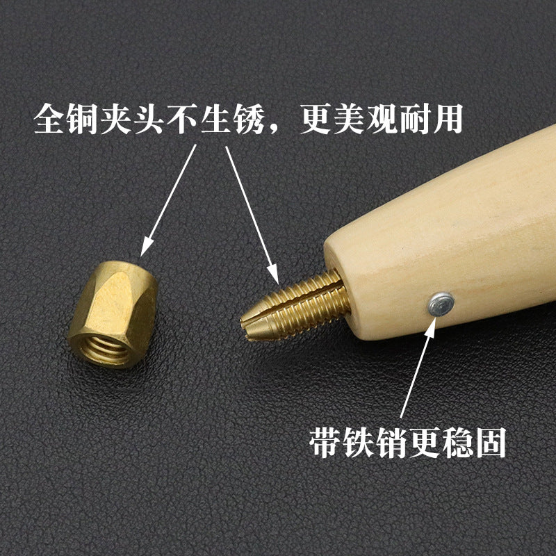 Wooden awl handle with brass head and fitted metal needle point for stitching