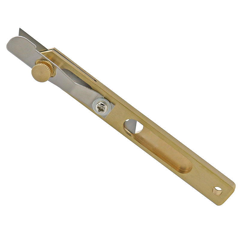 Leather line cutter tool with brass handle and metal blade, adjustable screw head