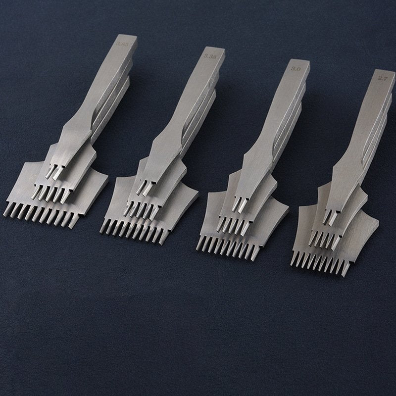 Premium Steel French Stitching Chisels Set, 2.7mm/3.0mm/3.38mm/3.85mm Spacing, Polished Teeth, 12cm Extended Handle