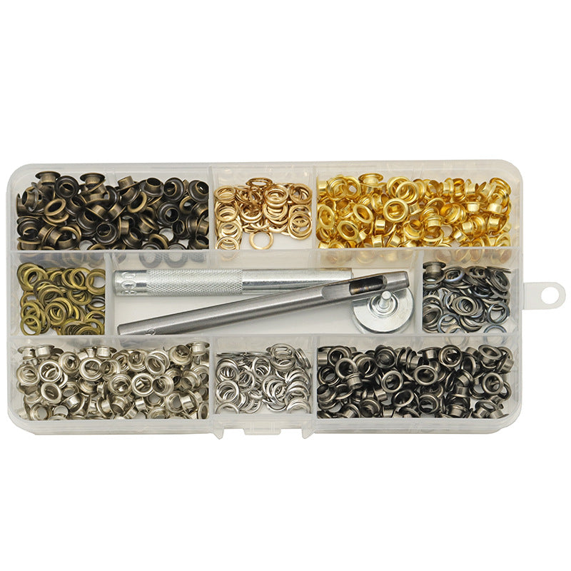 Metal eyelet and grommet kit case with mixed rings and chrome setting tool