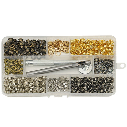 Metal eyelet and grommet kit case with mixed rings and chrome setting tool