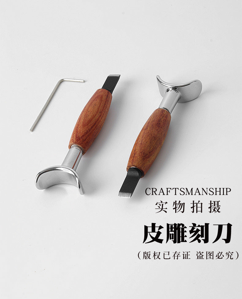 Pair of leather swivel carving knives with rosewood handles and chrome yokes