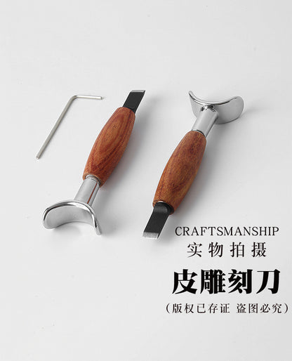 Pair of leather swivel carving knives with rosewood handles and chrome yokes