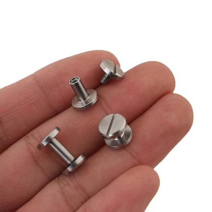 Stainless steel flat-head rivet screw nails with threaded I-shaped posts held in hand