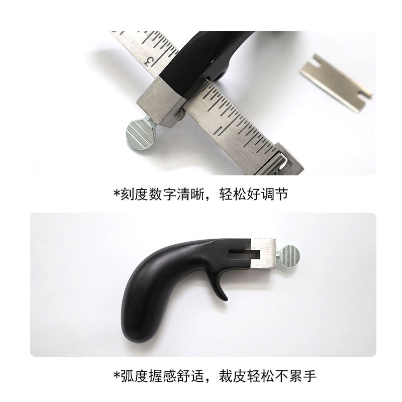 Leather strap cutter with metal ruler and adjustable blade set on black handle