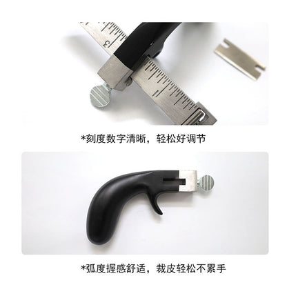 Leather strap cutter with metal ruler and adjustable blade set on black handle