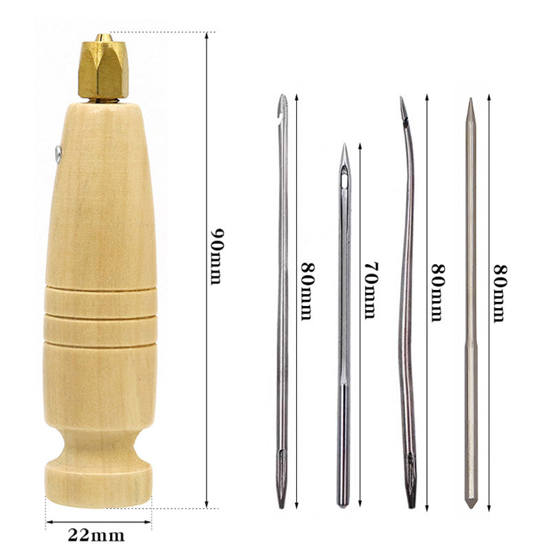 Wooden handle sewing awl set with brass head and four interchangeable needle tips