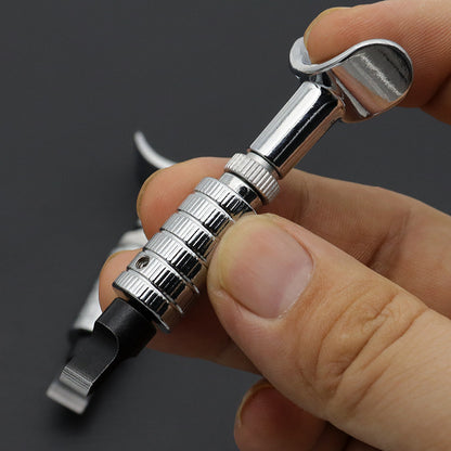 Adjustable rotary leather carving knife with knurled metal barrel; held in hand for control