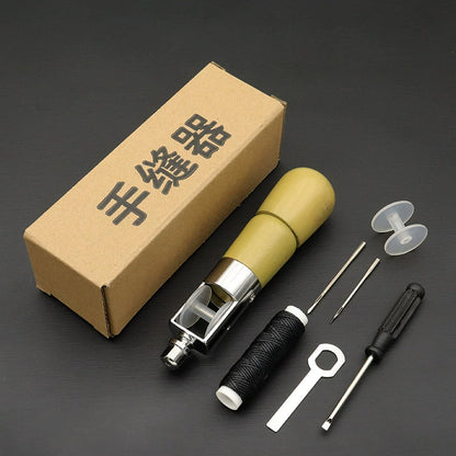 Hand sewing machine set with yellow wood handle, black thread spool, and metal needles