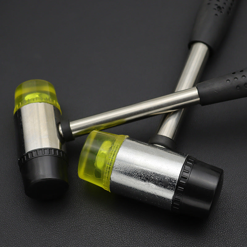 Dual rubber mallet heads with steel shafts, yellow translucent caps and black bands