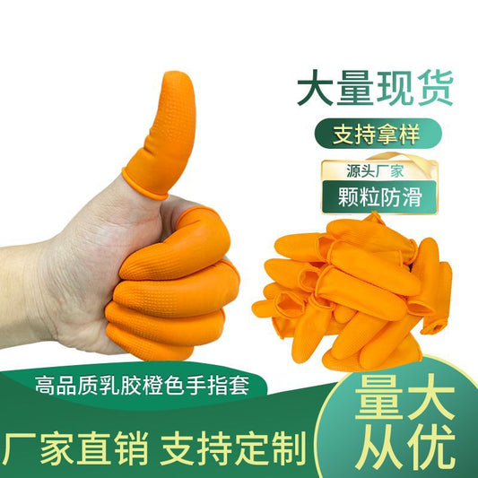 Orange latex finger guards held in hand, plus a stack of folded covers