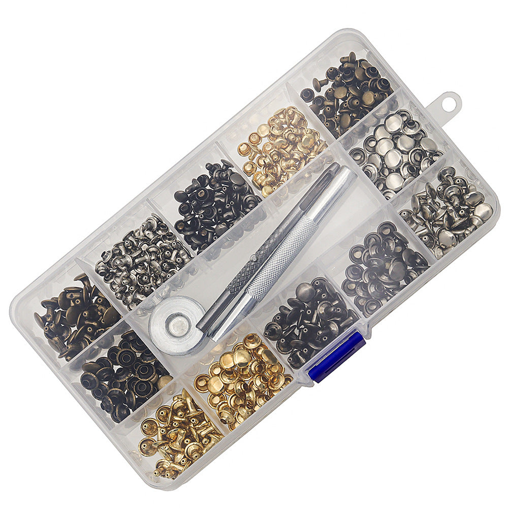Leather rivet kit in clear organizer case with double-cap brass fasteners and setting tool