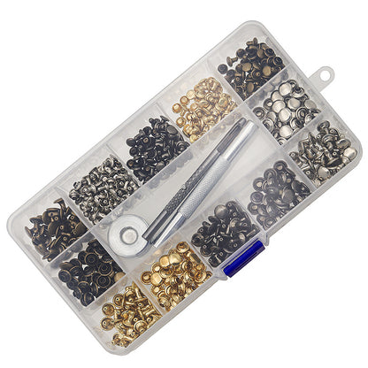 Leather rivet kit in clear organizer case with double-cap brass fasteners and setting tool