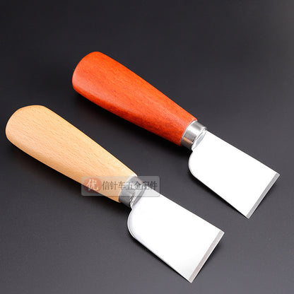 Leather skiving knife set, mirror-polished steel blades with red and natural wood handles