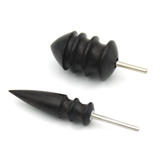 Leather edge burnishing head set: pointed and rounded black tips on metal shafts