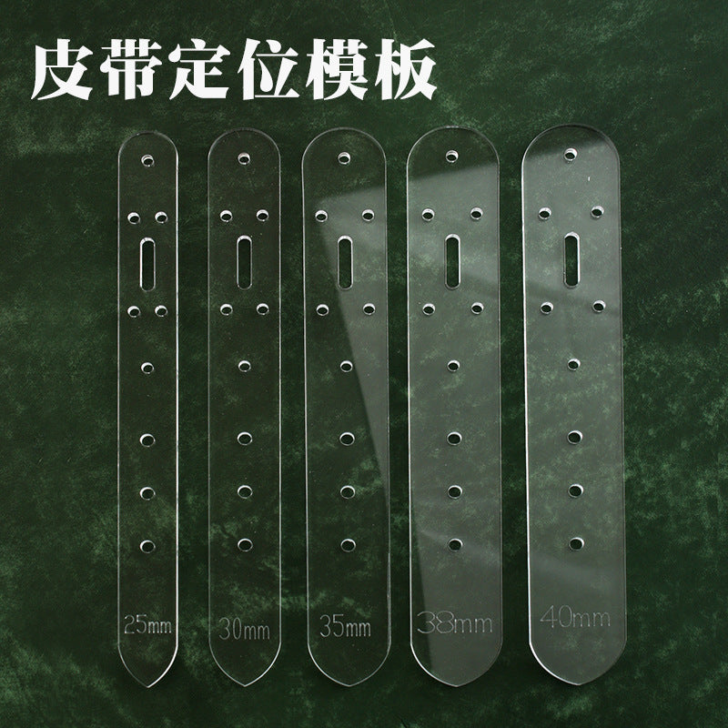 Clear acrylic belt hole punching templates with size markers and punched hole rows
