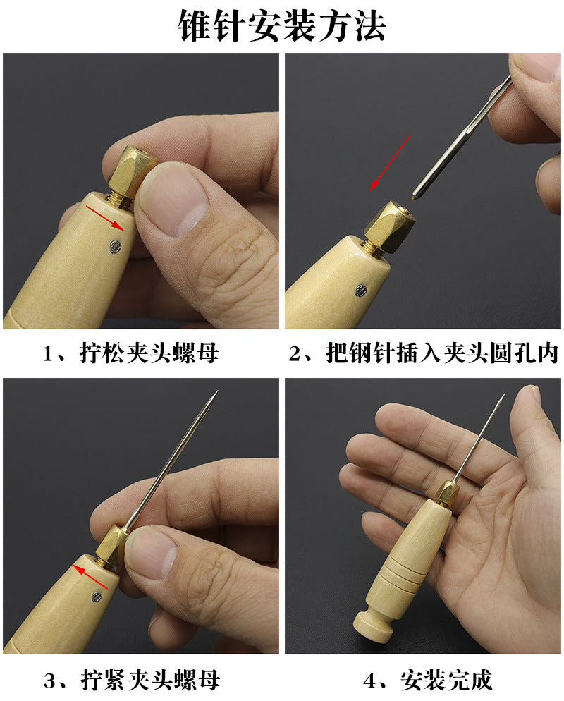 Wooden handle sewing awl with brass head and metal needles during assembly