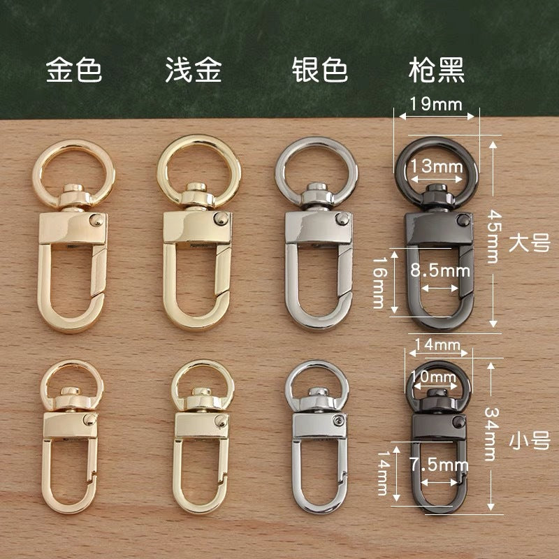 Metal swivel hook buckles in gold, light gold, silver and gunmetal with latch and ring