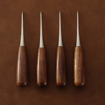Leather scratch awl set of four with wooden handles and pointed metal tips