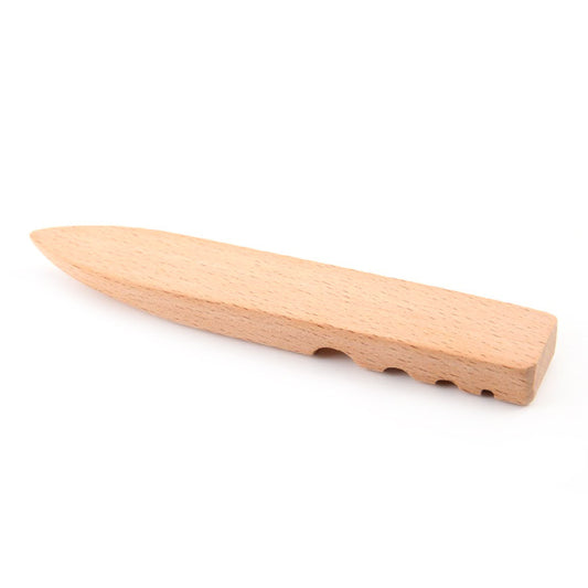 Wooden leather edge burnisher tool with tapered polishing head and slot detail