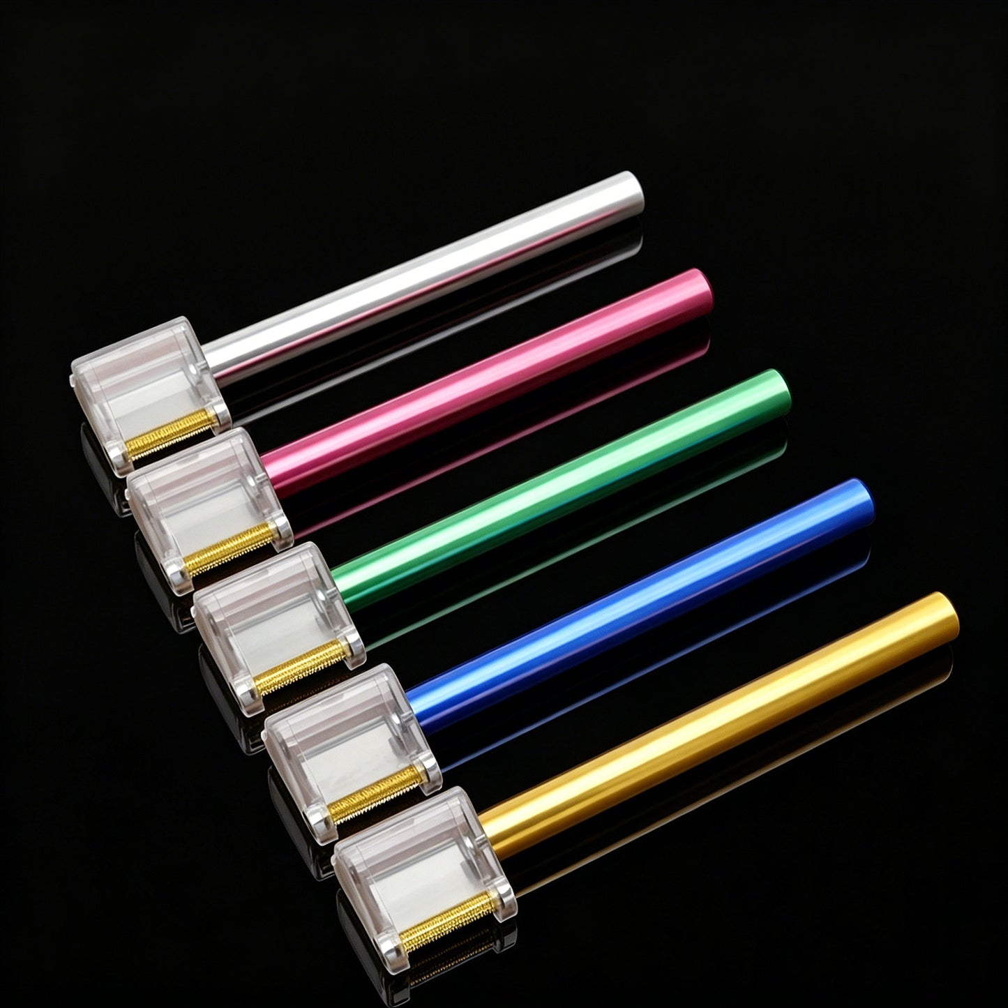 Leather edge oil applicator pen set with aluminum roller tips in silver, pink, green, blue, yellow