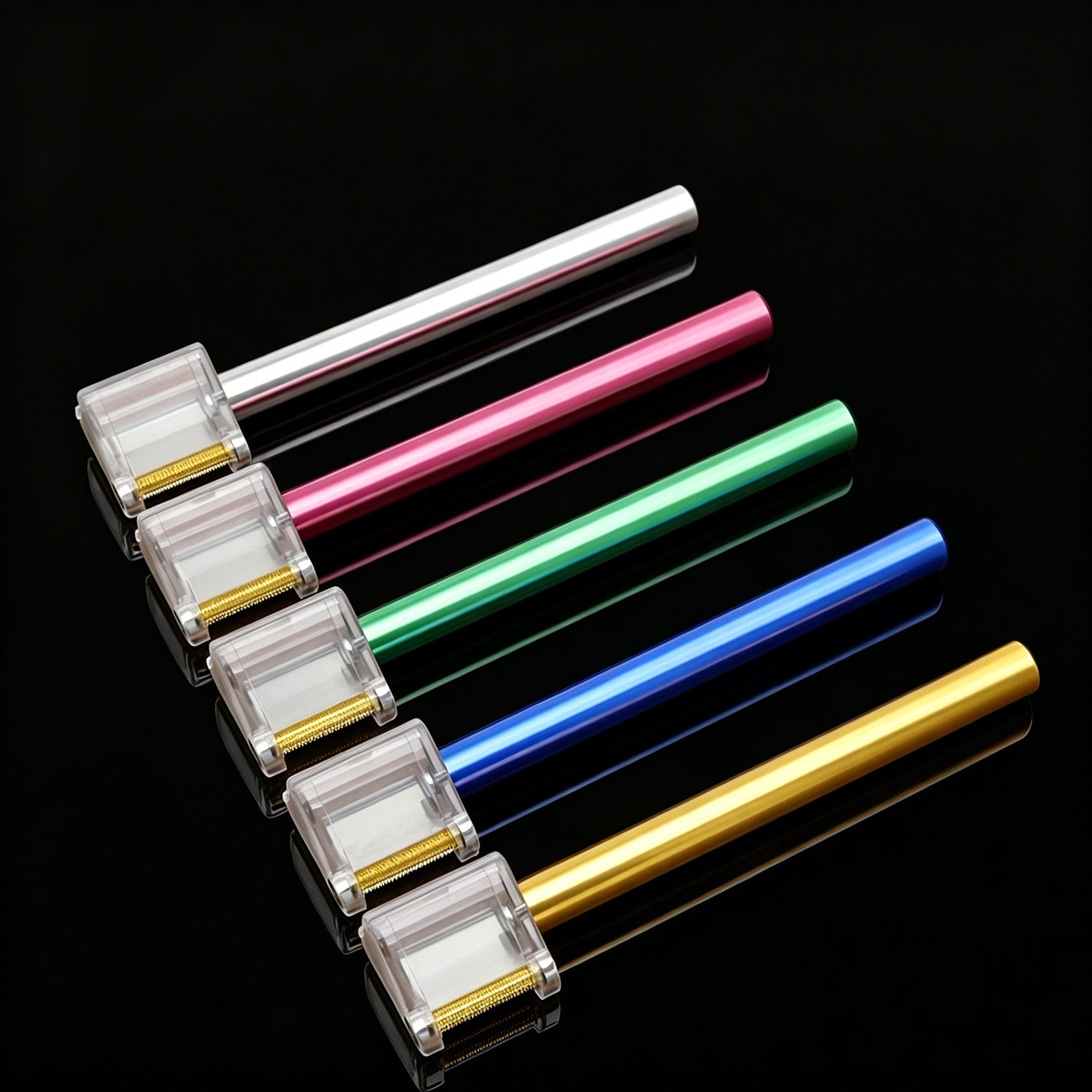 Leather edge oil applicator pen set with aluminum roller tips in silver, pink, green, blue, yellow