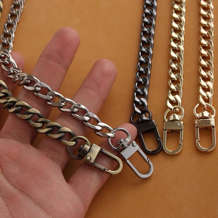 Metal bag chain strap with linked pattern and gold-tone swivel clasps