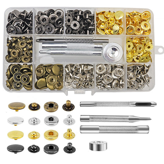 Four-button press stud snap fastener kit with mixed metal studs and installation tools