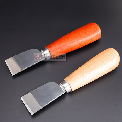 Leather skiving knives, mirror steel blades with red and natural wood handles