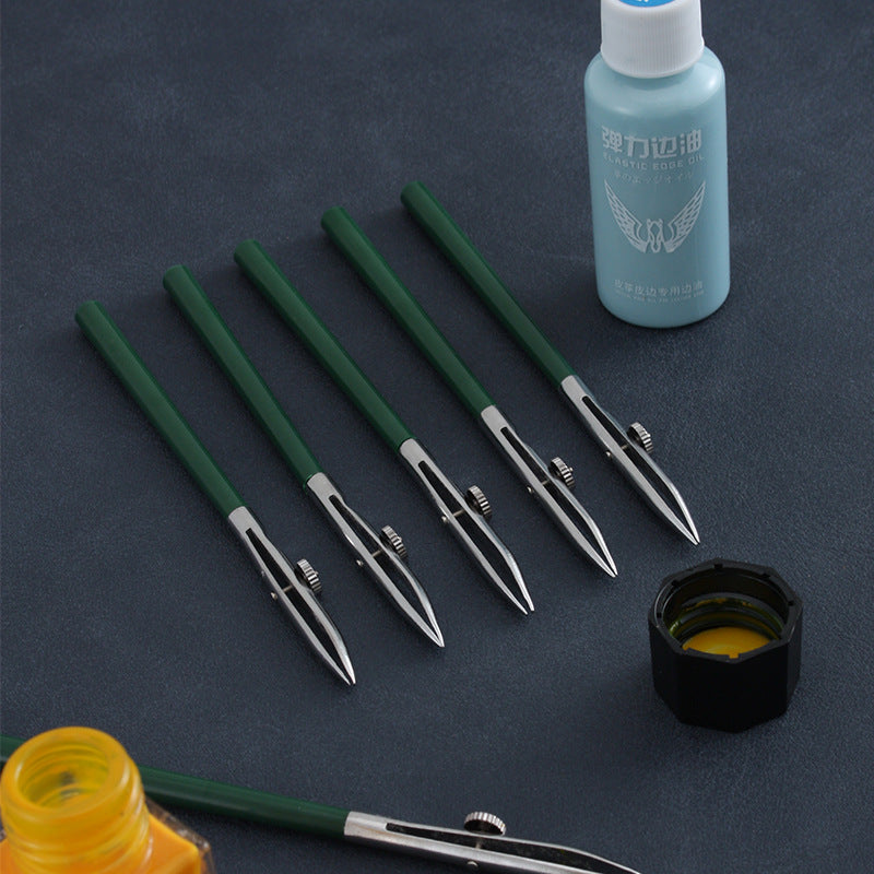 Set of green-handled leather edge dye applicators with metal tips and bottle