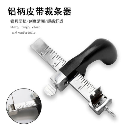 Leather strap cutter tool with black handle, metal frame, and ruler guide scale