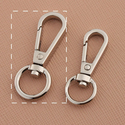 Swivel lobster claw hook buckles in silver-tone, showing small and large rings