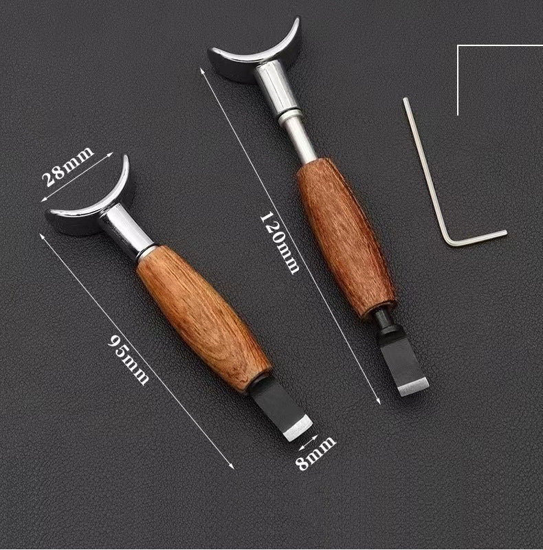 Swivel carving knife showing size on two tools: rosewood handle and chrome yoke