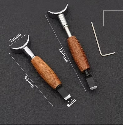 Swivel carving knife showing size on two tools: rosewood handle and chrome yoke
