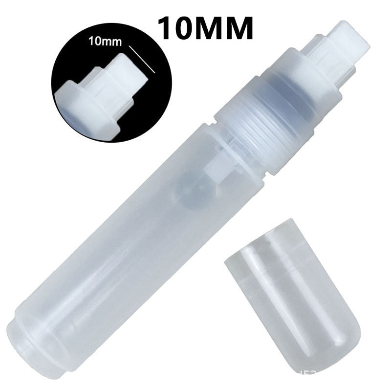 Refillable paint marker tube with 10mm broad tip, transparent body and white cap