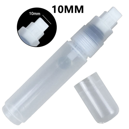 Refillable paint marker tube with 10mm broad tip, transparent body and white cap