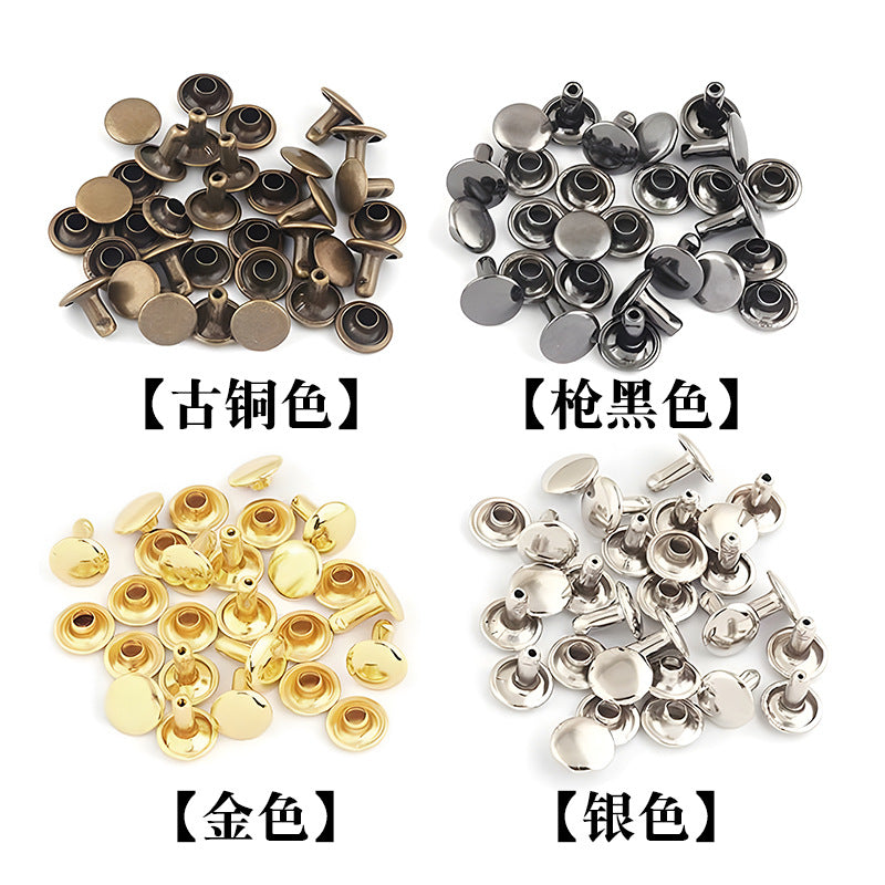 Double-cap rivets in mixed finishes: antique brass, black, gold, and silver caps